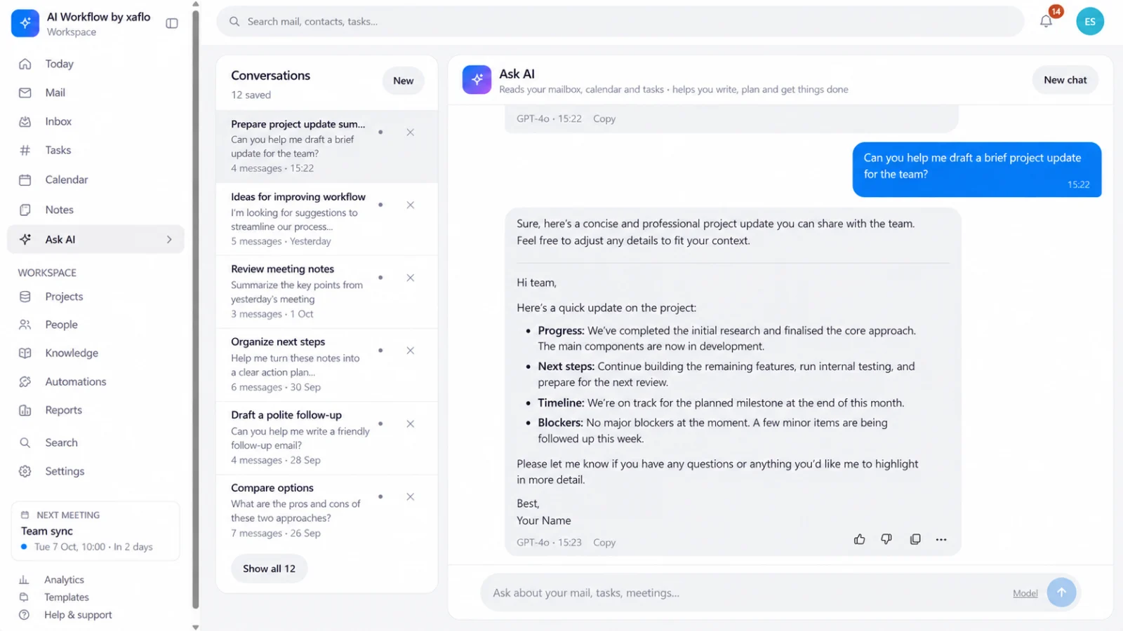 AI Workflow: assistente AI che prepara un aggiornamento di progetto con dati dimostrativi