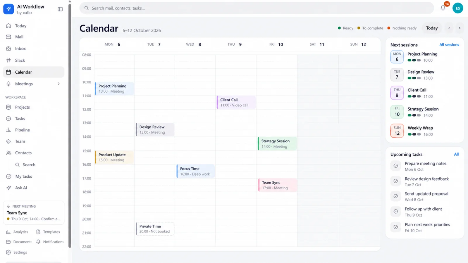 AI Workflow: calendario settimanale e attività in programma con dati dimostrativi