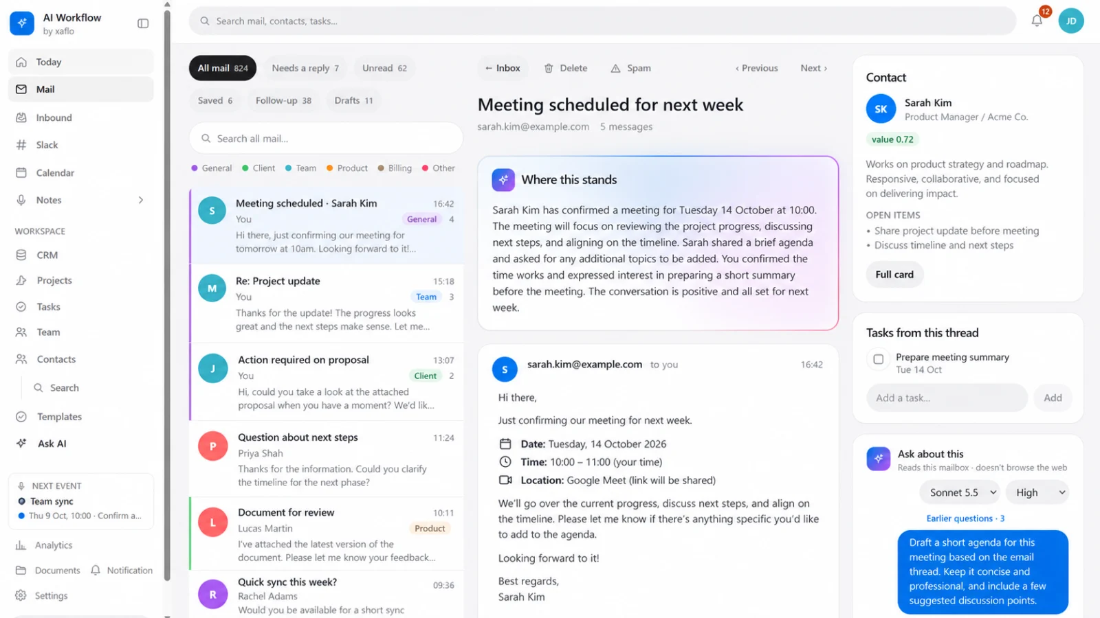 AI Workflow: conversazione email con riepilogo AI, contatto e attività collegata, con dati dimostrativi